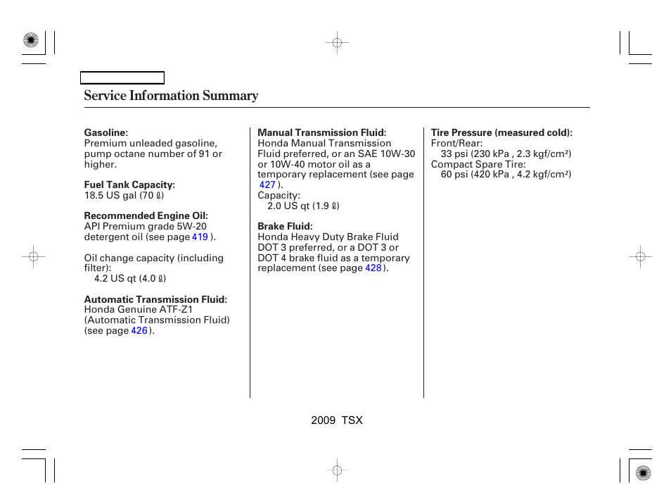 Service information summary | Acura 2009 TSX User Manual | Page 523 / 524
