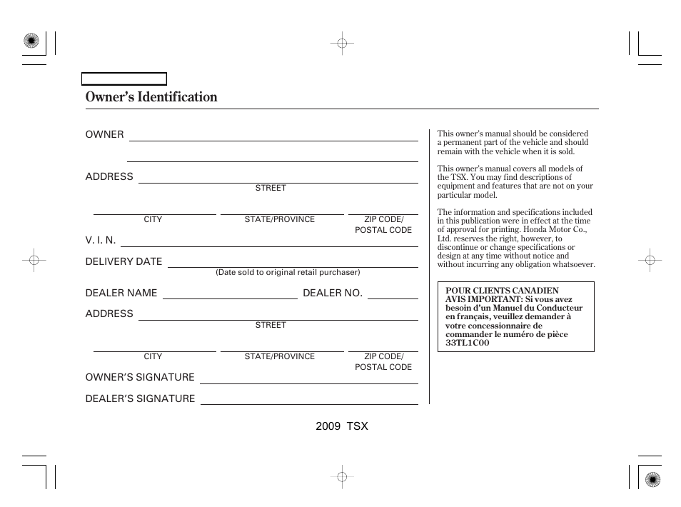 Owner’s identification | Acura 2009 TSX User Manual | Page 524 / 524