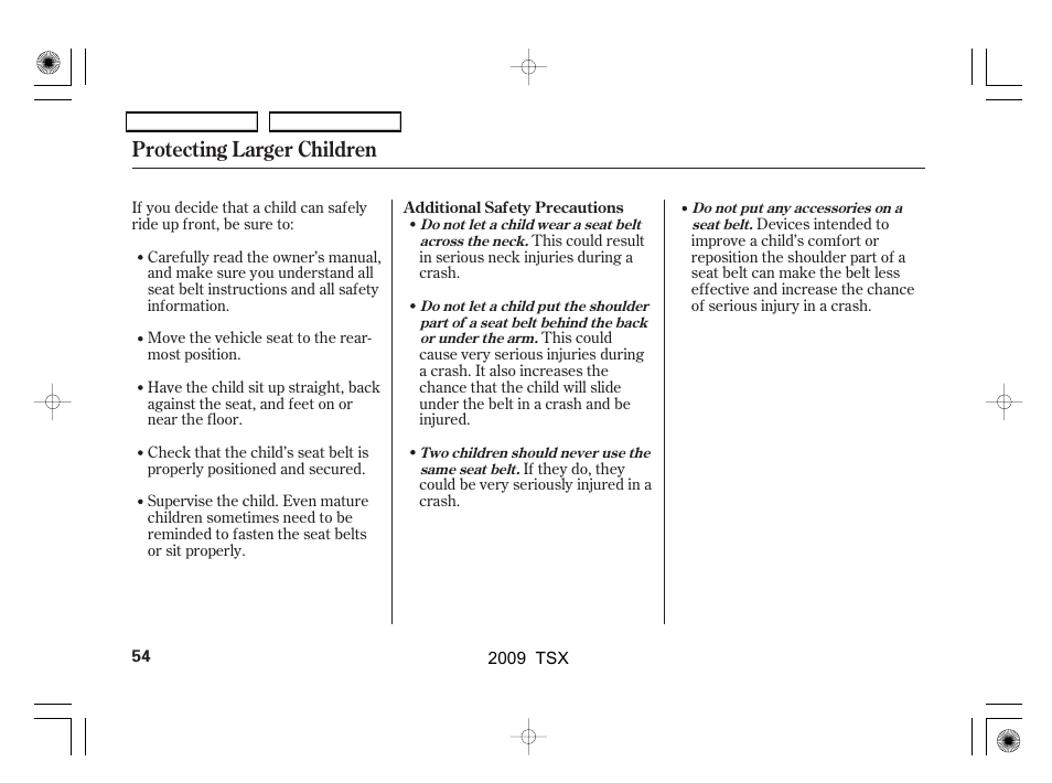 Protecting larger children | Acura 2009 TSX User Manual | Page 57 / 524