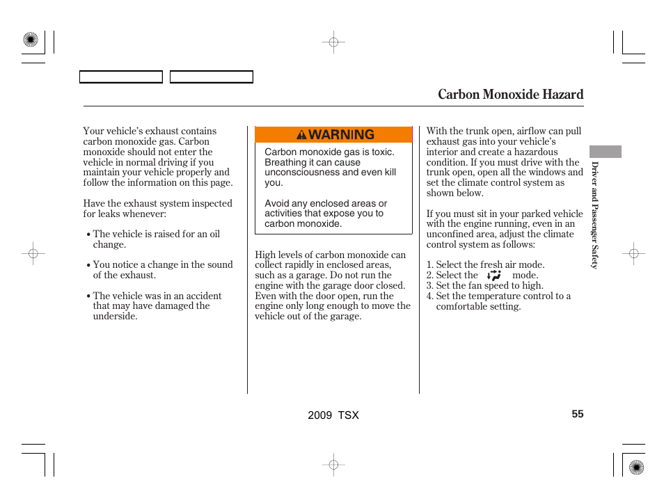 Carbon monoxide hazard | Acura 2009 TSX User Manual | Page 58 / 524