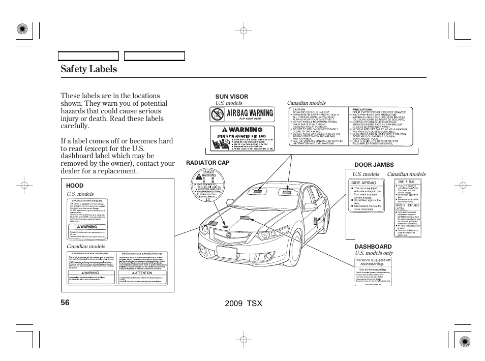 Safety labels | Acura 2009 TSX User Manual | Page 59 / 524