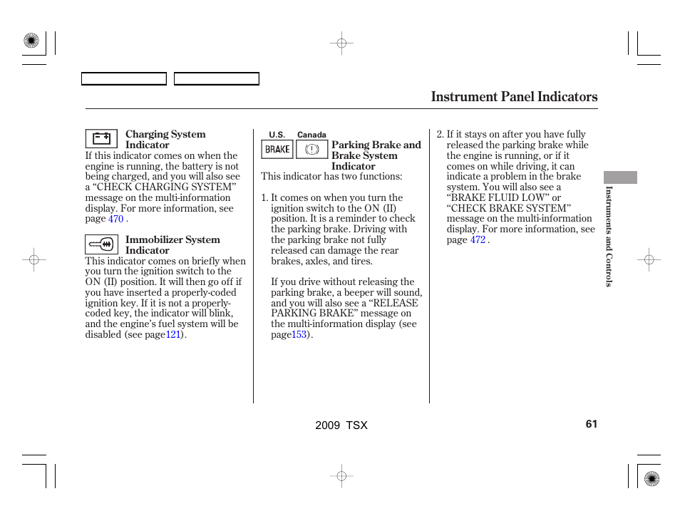 Instrument panel indicators | Acura 2009 TSX User Manual | Page 64 / 524