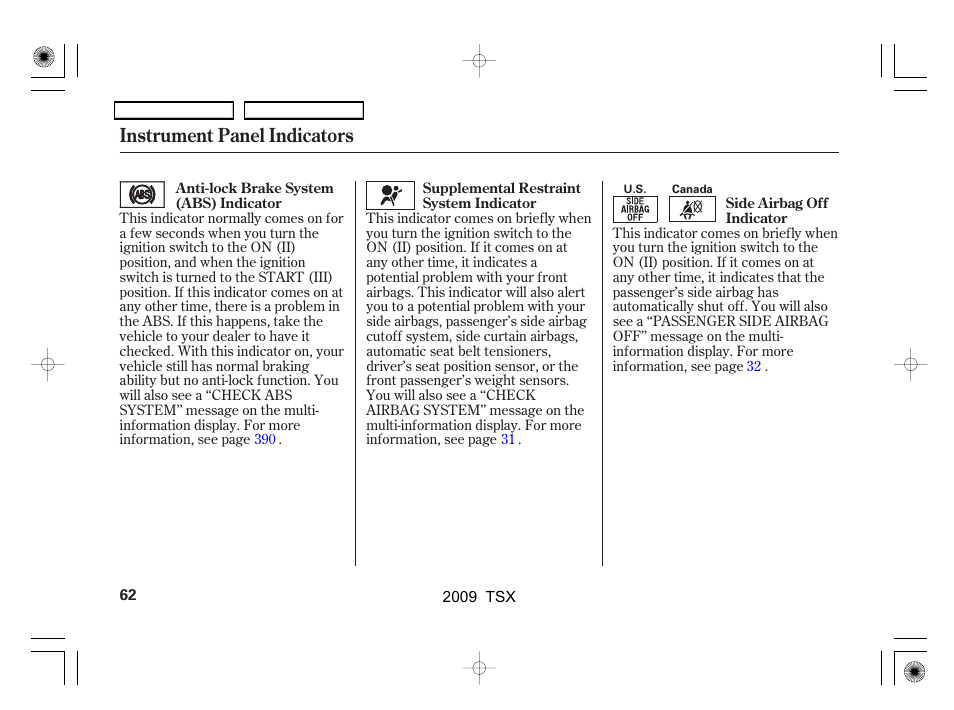 Instrument panel indicators | Acura 2009 TSX User Manual | Page 65 / 524