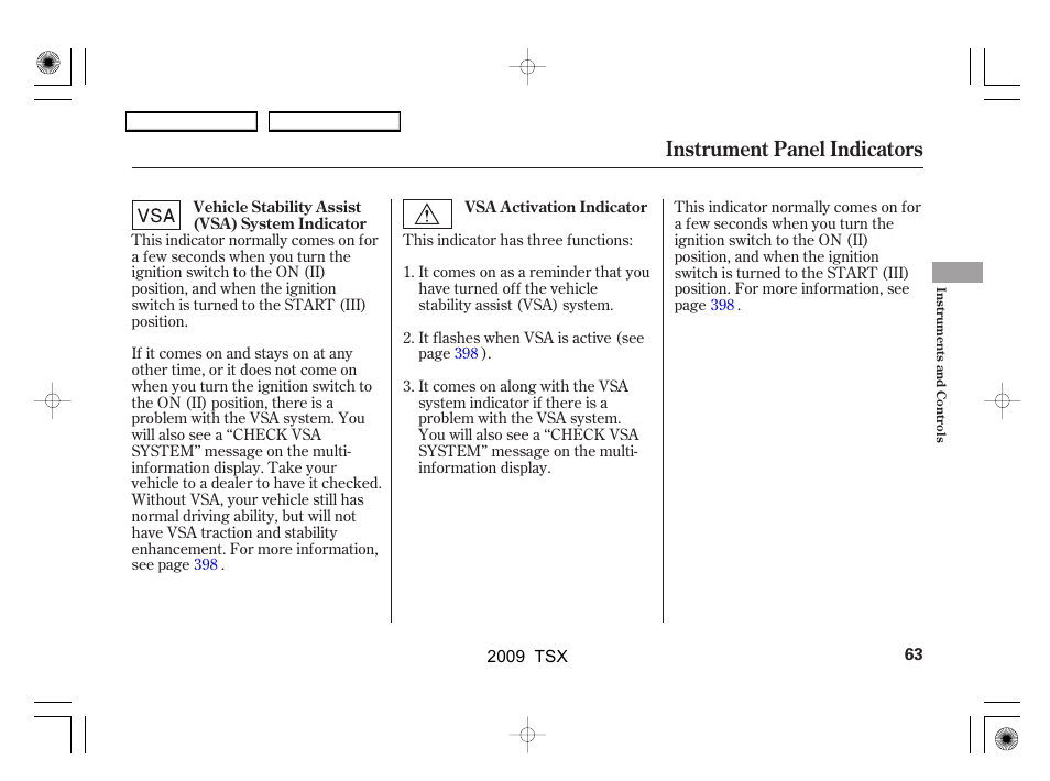 Instrument panel indicators | Acura 2009 TSX User Manual | Page 66 / 524