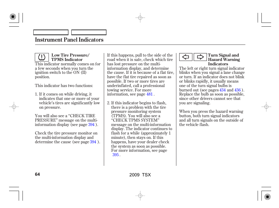 Instrument panel indicators | Acura 2009 TSX User Manual | Page 67 / 524