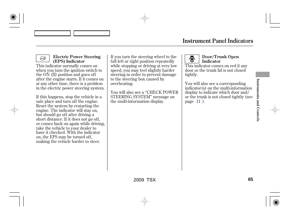 Instrument panel indicators | Acura 2009 TSX User Manual | Page 68 / 524