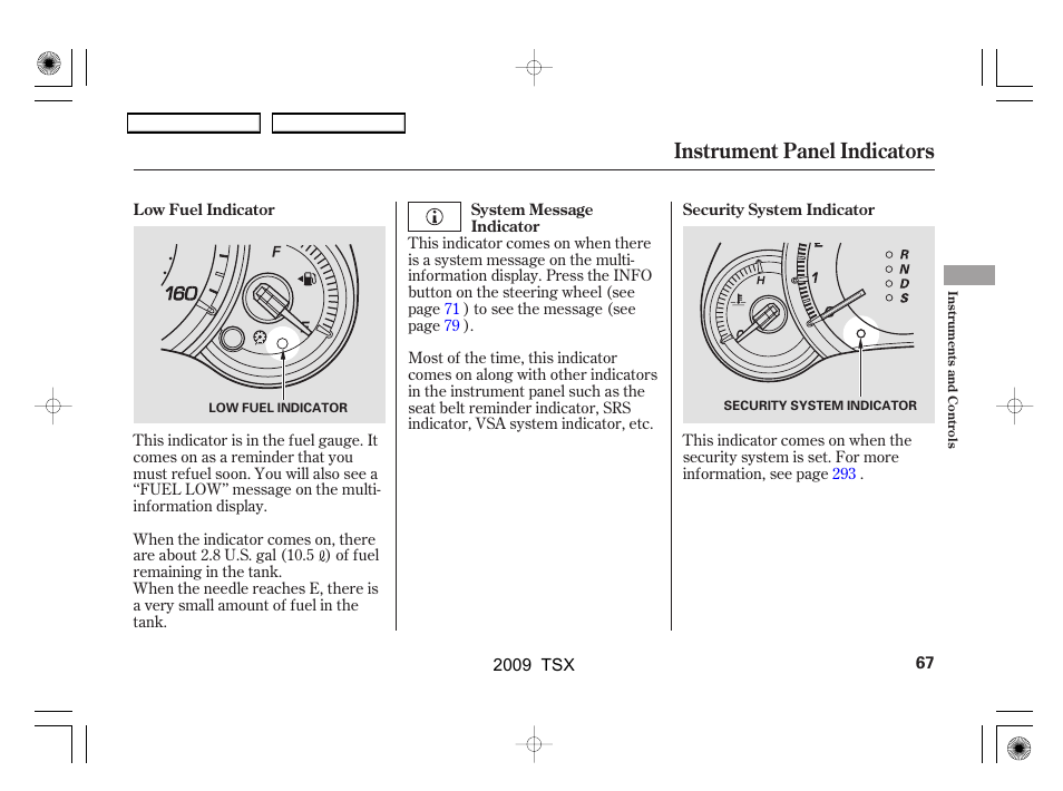 Instrument panel indicators | Acura 2009 TSX User Manual | Page 70 / 524