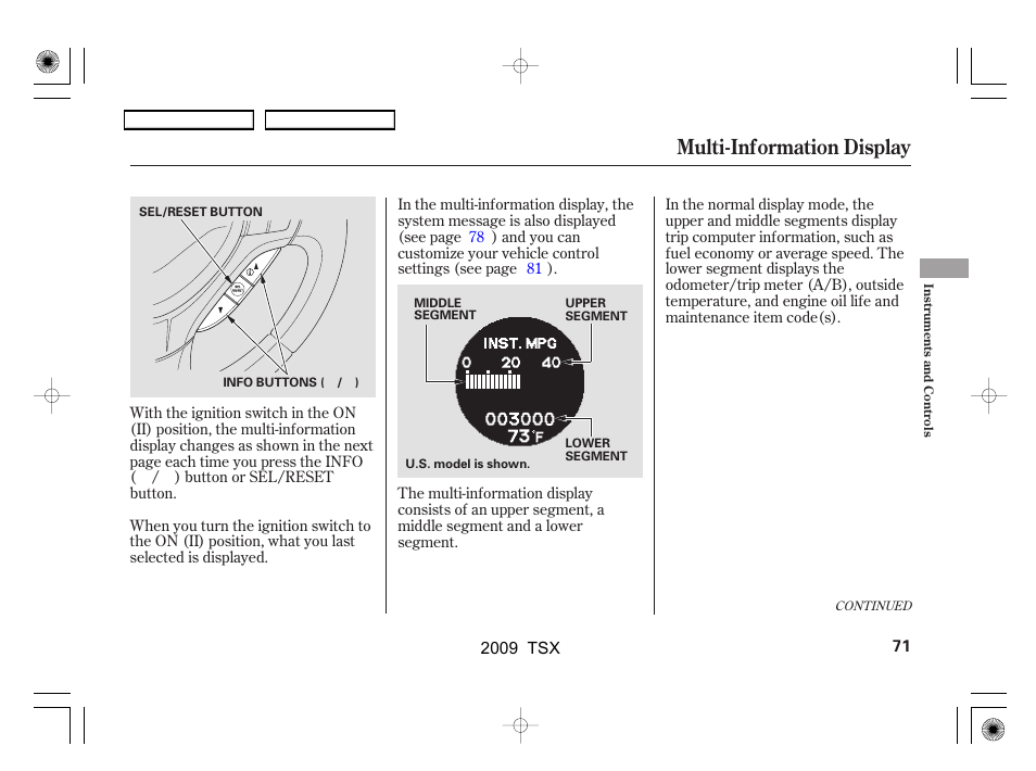 Multi-information display | Acura 2009 TSX User Manual | Page 74 / 524