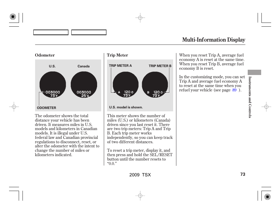 Multi-information display | Acura 2009 TSX User Manual | Page 76 / 524
