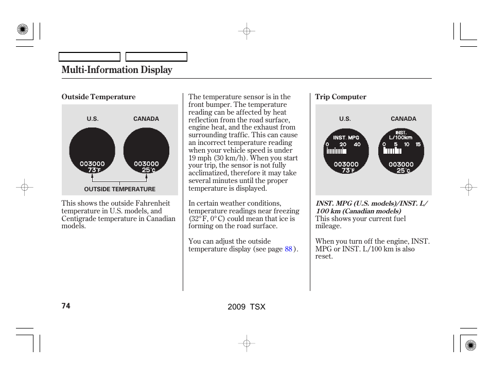 Multi-information display | Acura 2009 TSX User Manual | Page 77 / 524