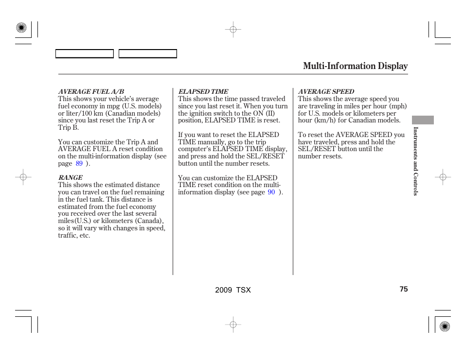 Multi-information display | Acura 2009 TSX User Manual | Page 78 / 524