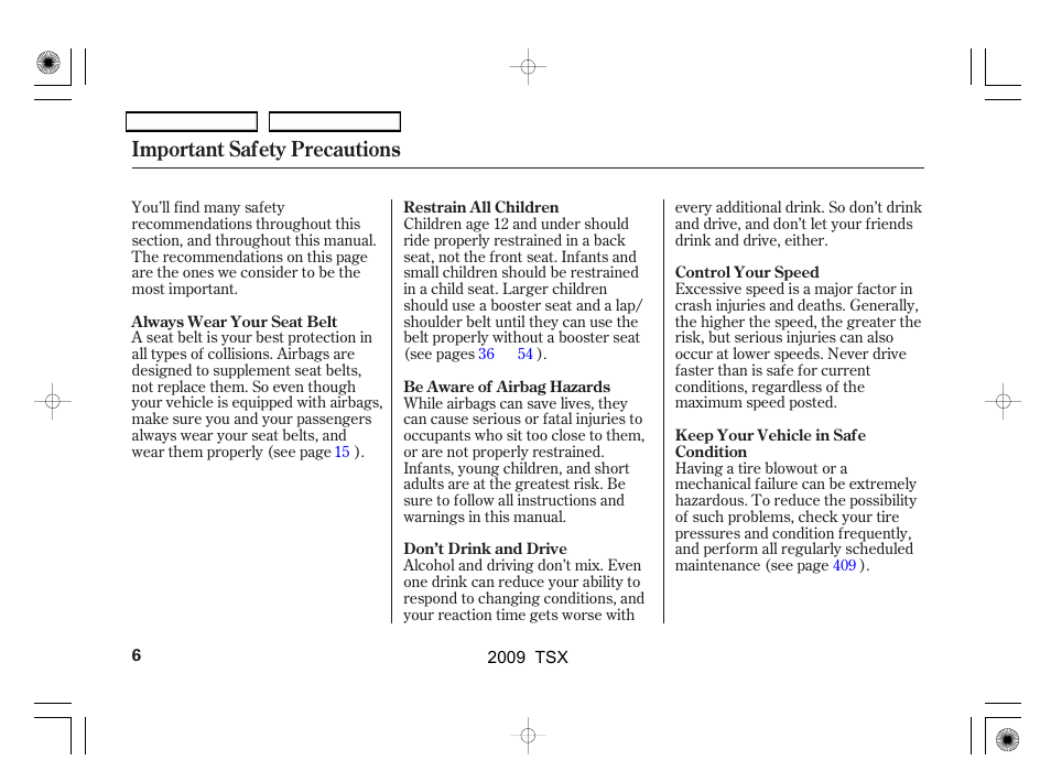 Important safety precautions | Acura 2009 TSX User Manual | Page 9 / 524