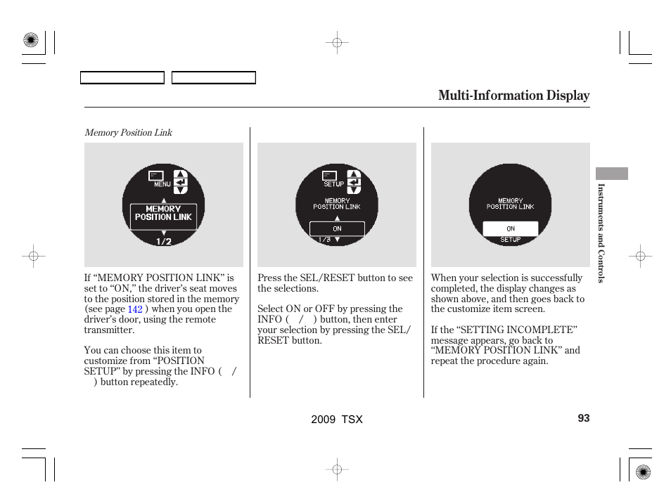 Multi-information display | Acura 2009 TSX User Manual | Page 96 / 524