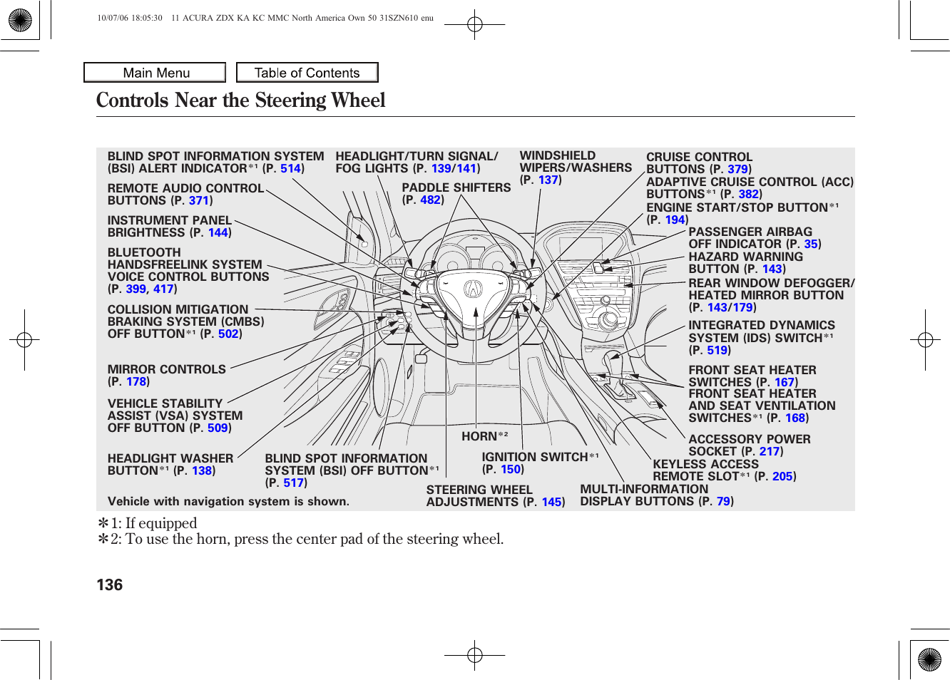 Controls near the steering wheel, 2011 zdx | Acura 2011 ZDX User Manual | Page 140 / 643