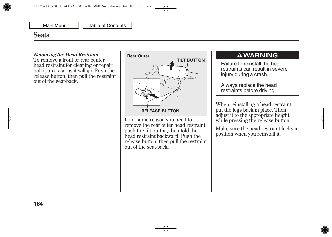 Seats, 2011 zdx | Acura 2011 ZDX User Manual | Page 168 / 643