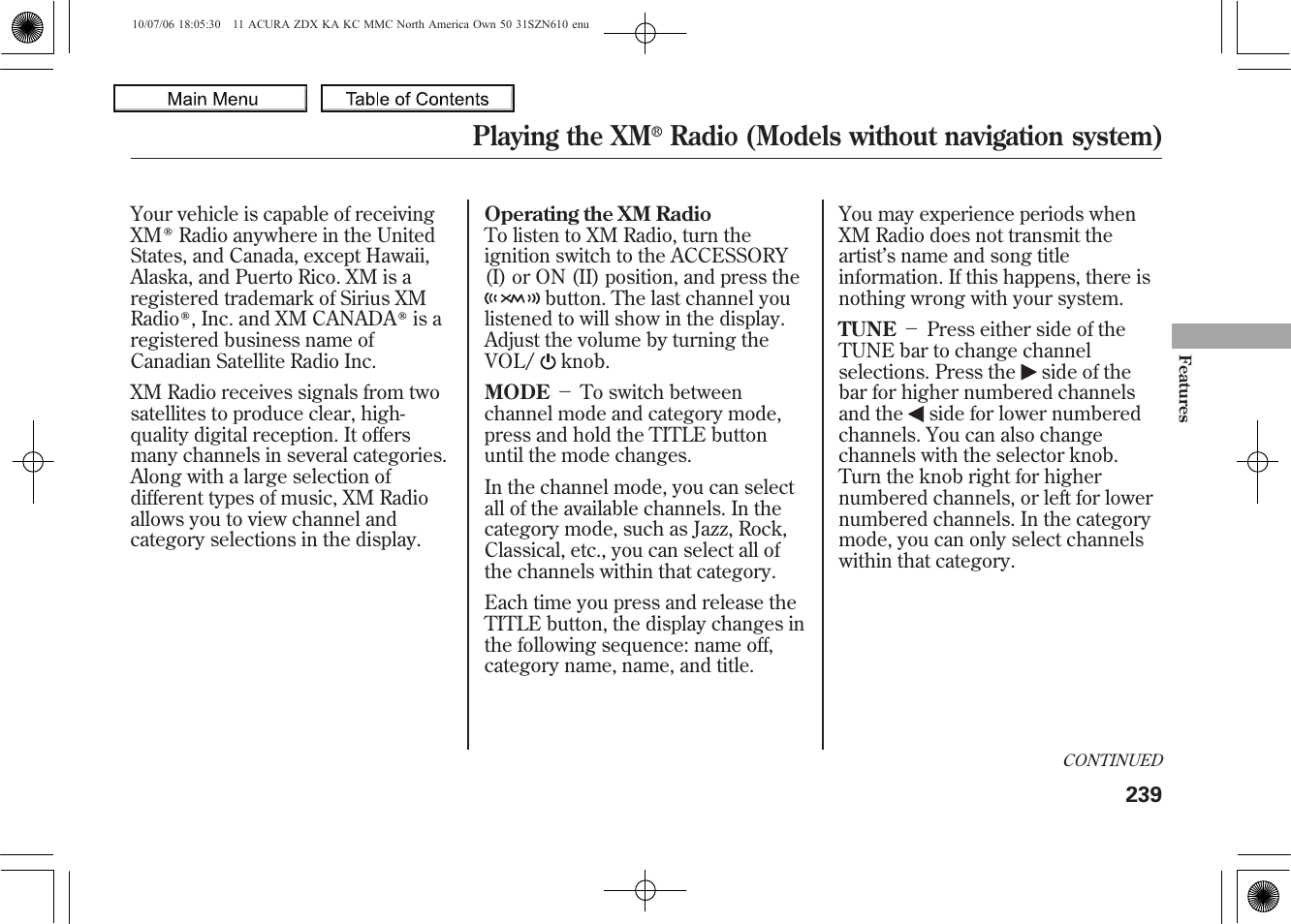 Playing the xm, Radio (models without navigation system), 2011 zdx | Acura 2011 ZDX User Manual | Page 243 / 643