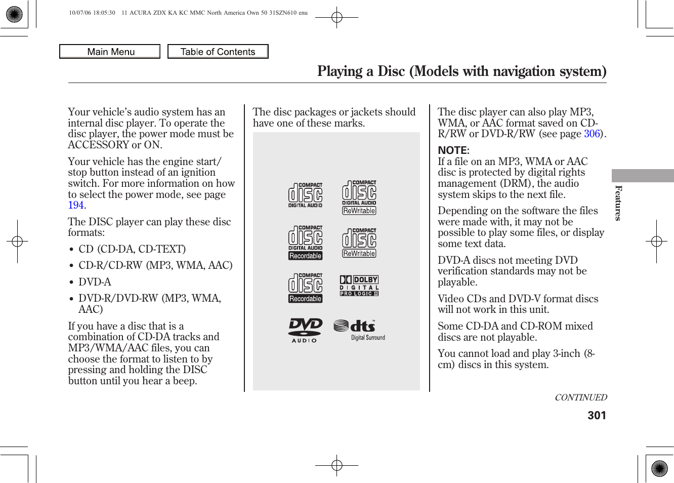 Playing a disc (models with navigation system), 2011 zdx | Acura 2011 ZDX User Manual | Page 305 / 643