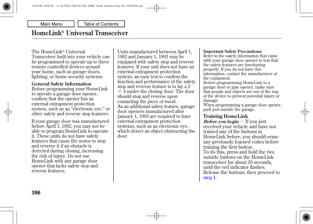 Homelink, Universal transceiver, 2011 zdx | Acura 2011 ZDX User Manual | Page 400 / 643