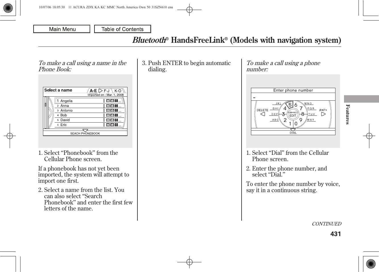 Bluetooth, Handsfreelink, Models with navigation system) | 2011 zdx | Acura 2011 ZDX User Manual | Page 435 / 643