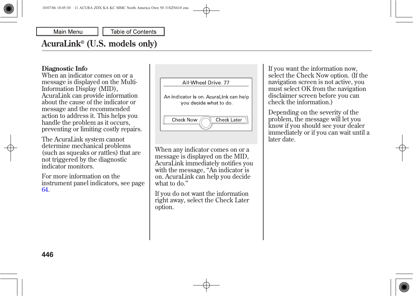 Acuralink, U.s. models only), 2011 zdx | Acura 2011 ZDX User Manual | Page 450 / 643