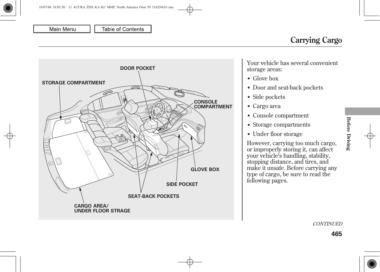 Carrying cargo, 2011 zdx | Acura 2011 ZDX User Manual | Page 469 / 643