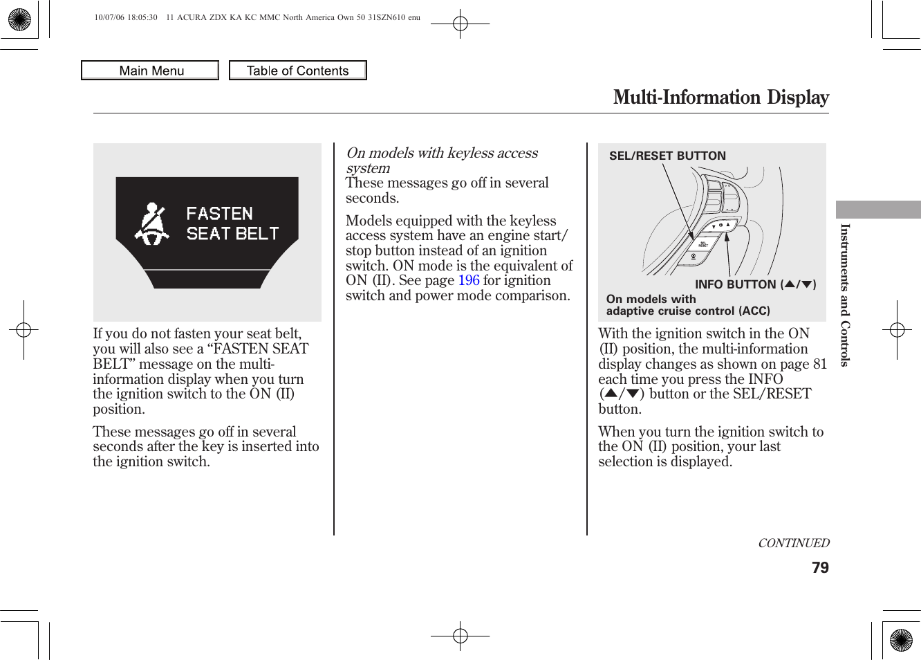 Multi-information display, 2011 zdx | Acura 2011 ZDX User Manual | Page 83 / 643