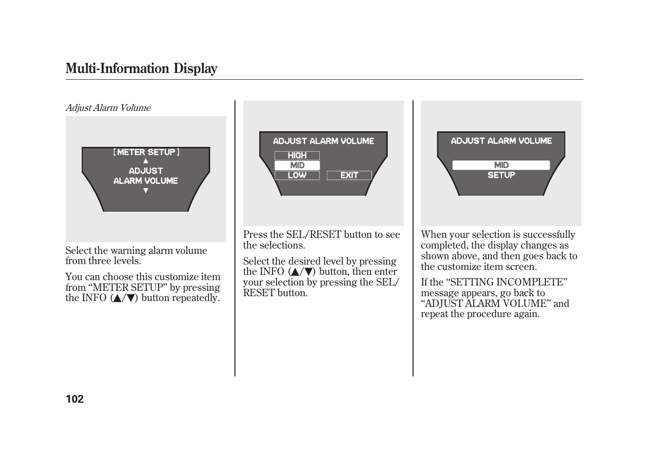 Multi-information display | Acura 2010 MDX User Manual | Page 109 / 616