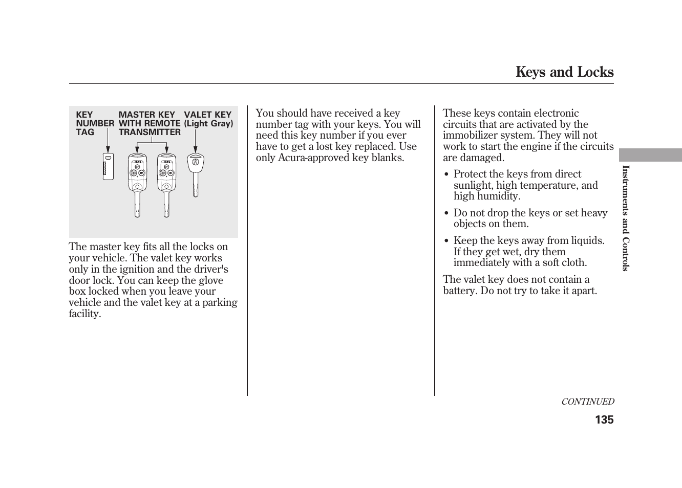 Keys and locks | Acura 2010 MDX User Manual | Page 142 / 616