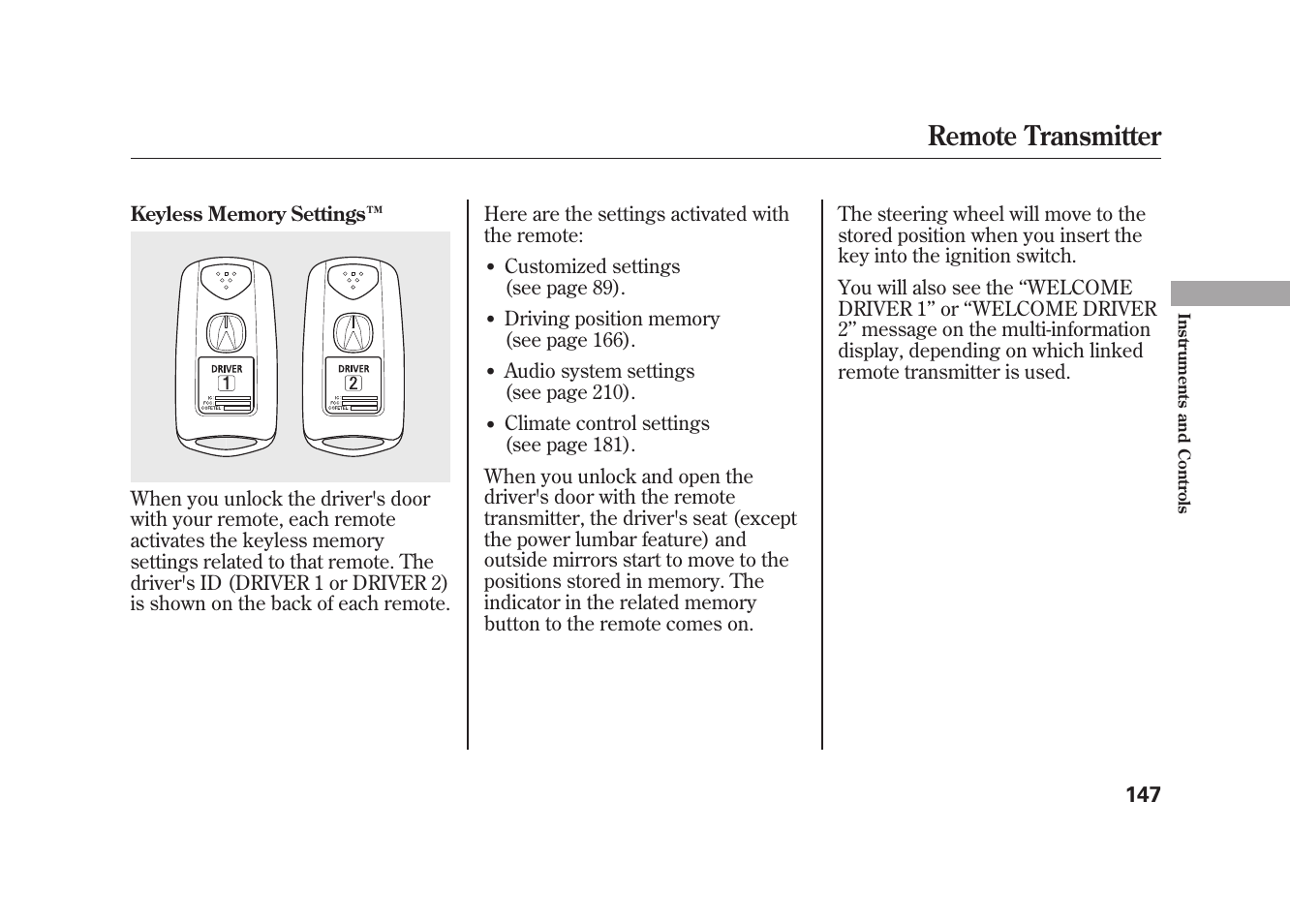 Remote transmitter | Acura 2010 MDX User Manual | Page 154 / 616