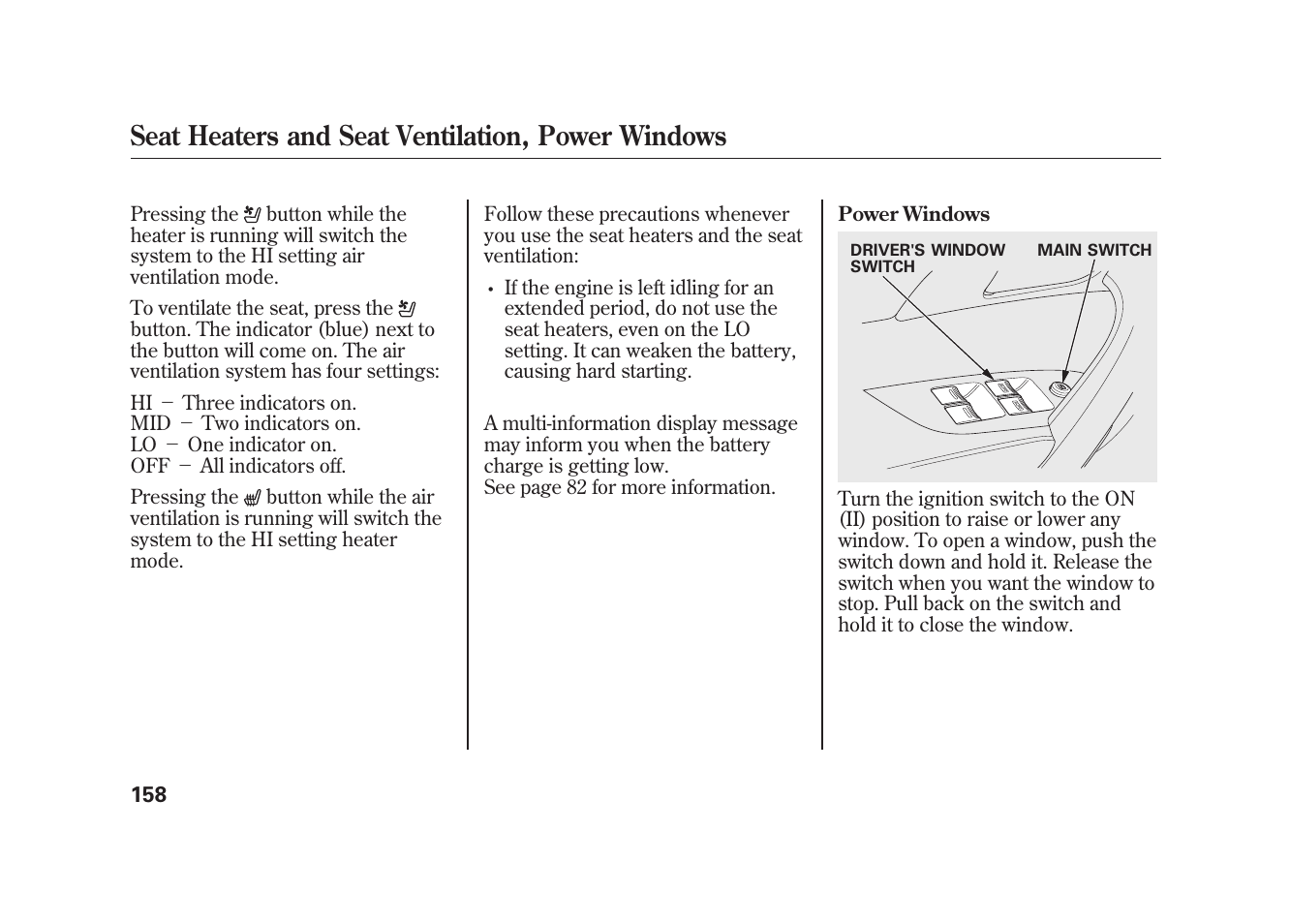 Seat heaters and seat ventilation, power windows | Acura 2010 MDX User Manual | Page 165 / 616
