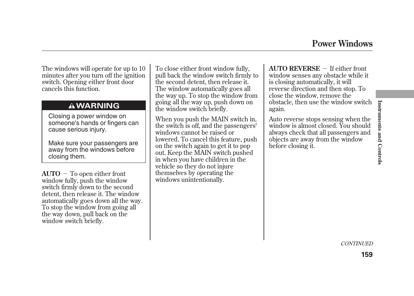 Power windows | Acura 2010 MDX User Manual | Page 166 / 616