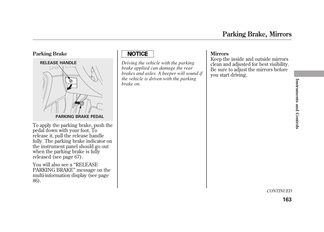 Parking brake, mirrors | Acura 2010 MDX User Manual | Page 170 / 616