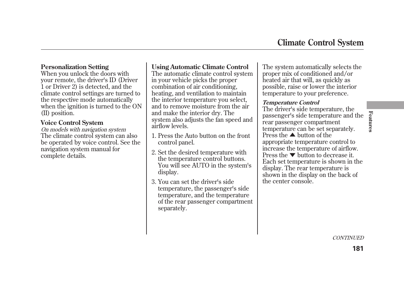 Climate control system | Acura 2010 MDX User Manual | Page 188 / 616