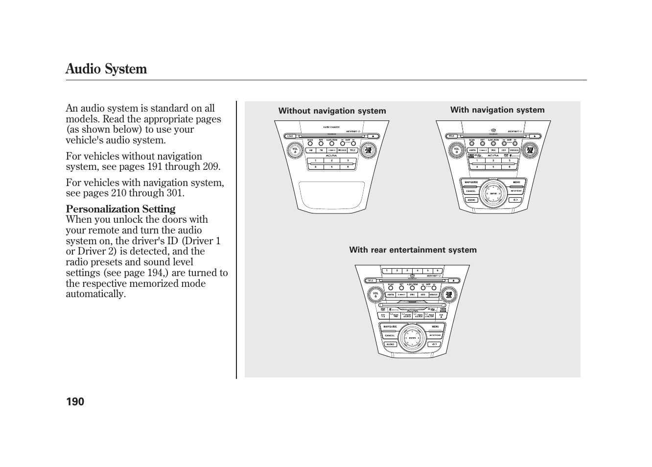 Audio system | Acura 2010 MDX User Manual | Page 197 / 616