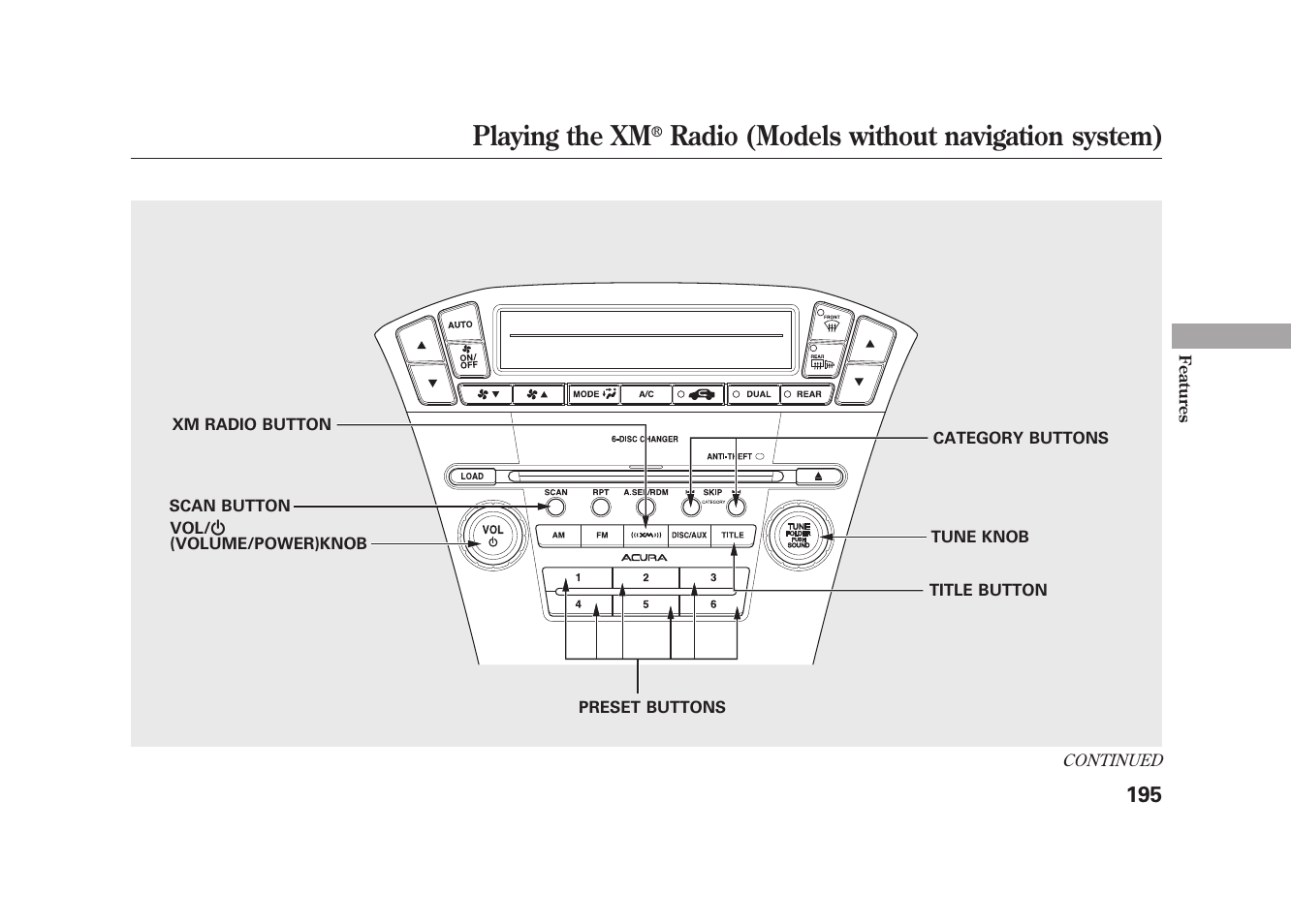 Playing the xm, Radio (models without navigation system) | Acura 2010 MDX User Manual | Page 202 / 616