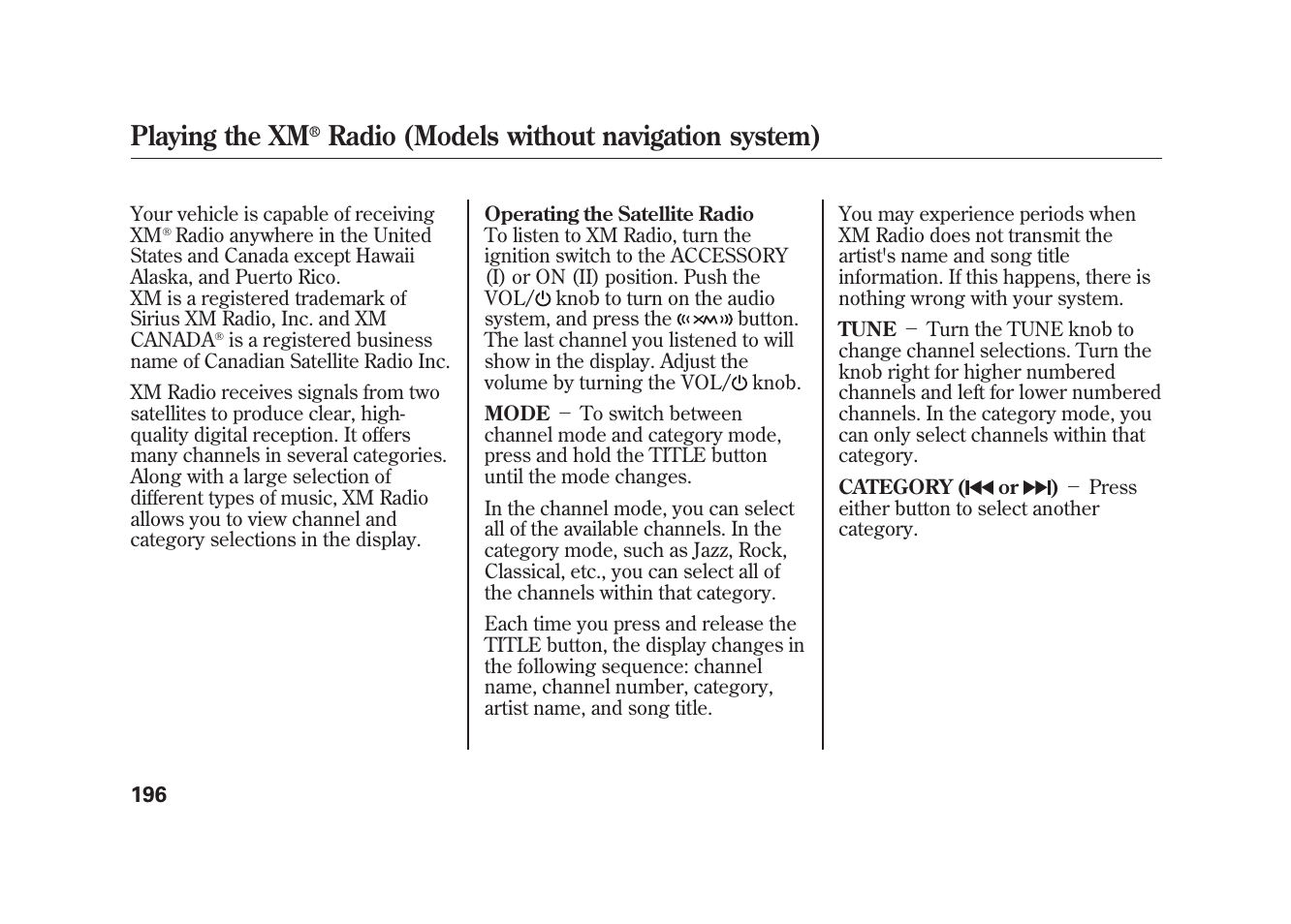 Playing the xm, Radio (models without navigation system) | Acura 2010 MDX User Manual | Page 203 / 616