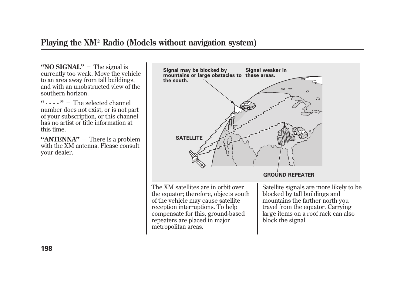 Playing the xm, Radio (models without navigation system) | Acura 2010 MDX User Manual | Page 205 / 616