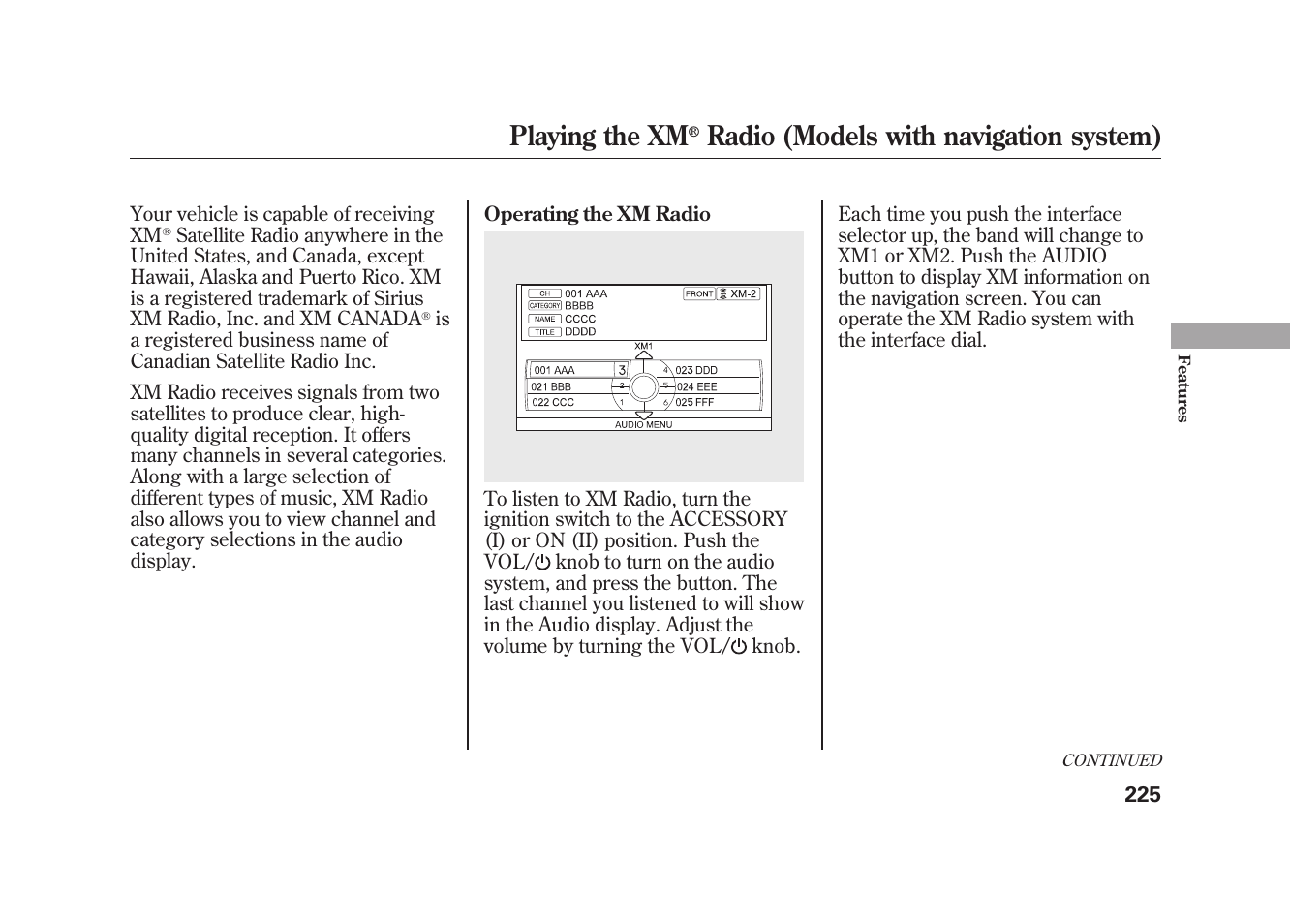 Playing the xm, Radio (models with navigation system) | Acura 2010 MDX User Manual | Page 232 / 616