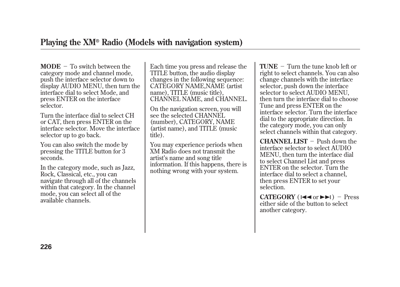 Playing the xm, Radio (models with navigation system) | Acura 2010 MDX User Manual | Page 233 / 616