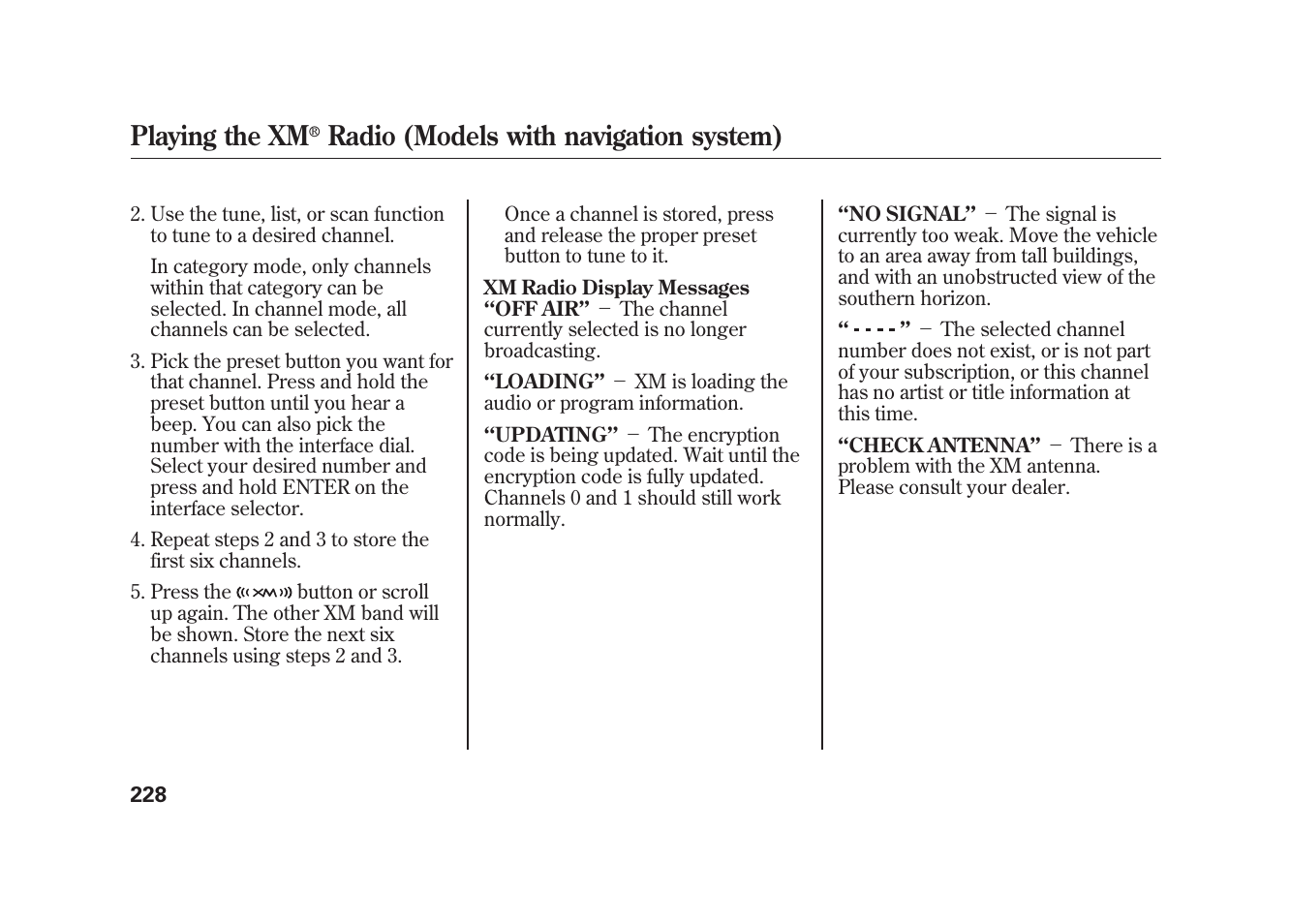 Playing the xm, Radio (models with navigation system) | Acura 2010 MDX User Manual | Page 235 / 616
