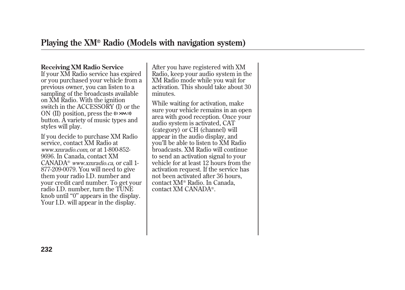 Playing the xm, Radio (models with navigation system) | Acura 2010 MDX User Manual | Page 239 / 616