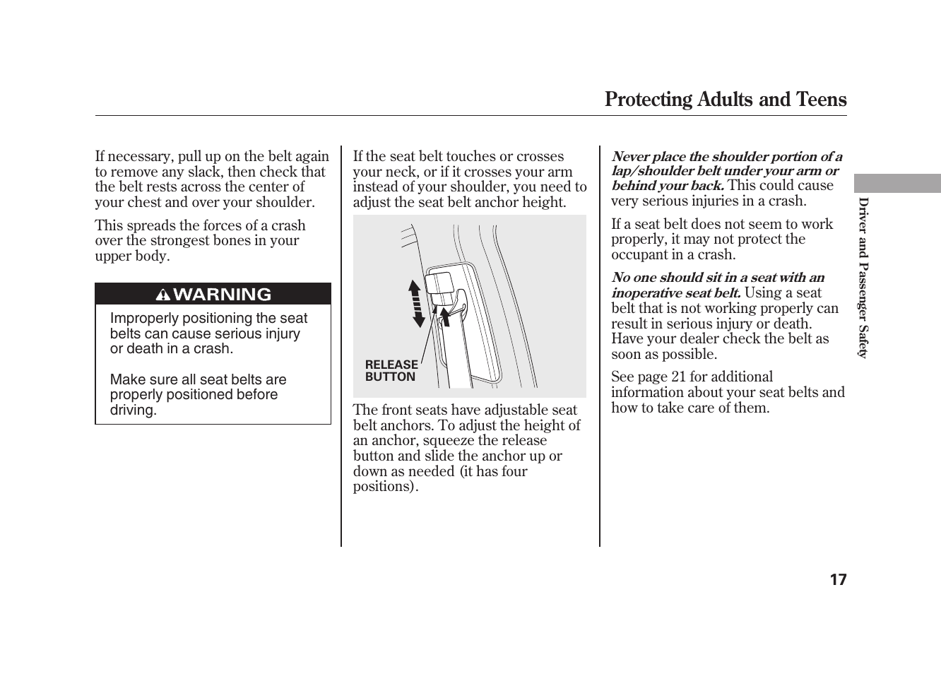 Protecting adults and teens | Acura 2010 MDX User Manual | Page 24 / 616
