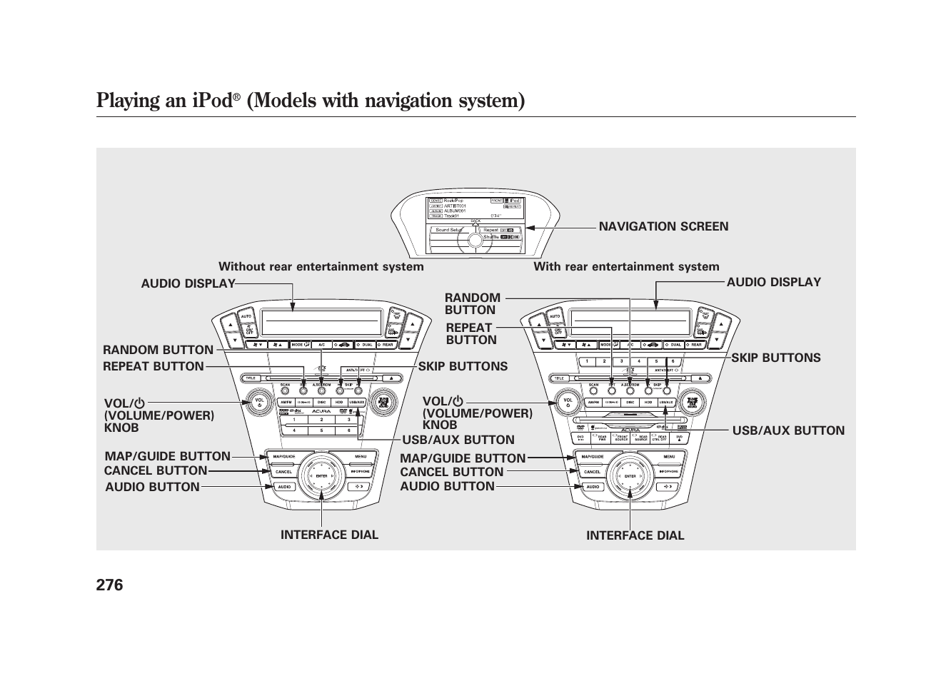 Playing an ipod, Models with navigation system) | Acura 2010 MDX User Manual | Page 283 / 616