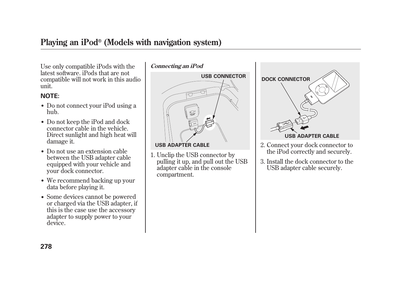 Playing an ipod, Models with navigation system) | Acura 2010 MDX User Manual | Page 285 / 616