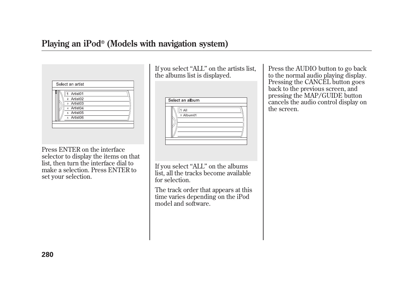 Playing an ipod, Models with navigation system) | Acura 2010 MDX User Manual | Page 287 / 616