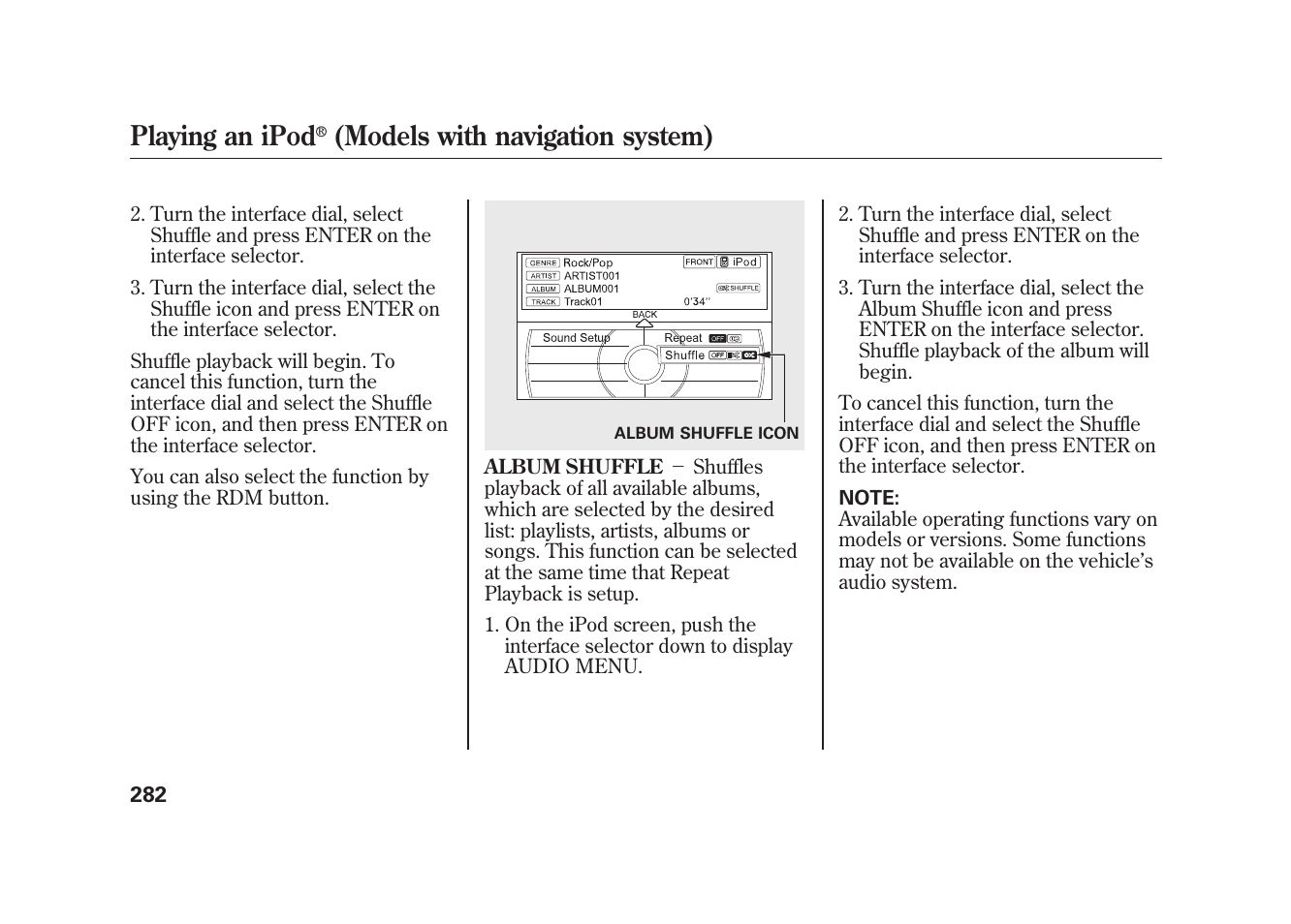 Playing an ipod, Models with navigation system) | Acura 2010 MDX User Manual | Page 289 / 616