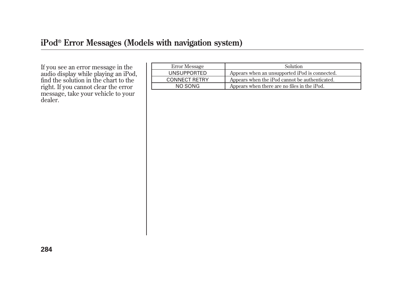 Ipod, Error messages (models with navigation system) | Acura 2010 MDX User Manual | Page 291 / 616