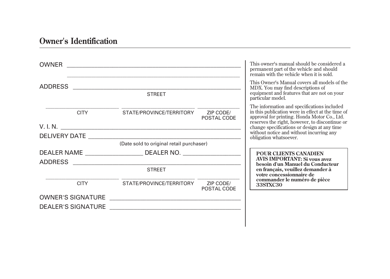 Owner's identification | Acura 2010 MDX User Manual | Page 3 / 616