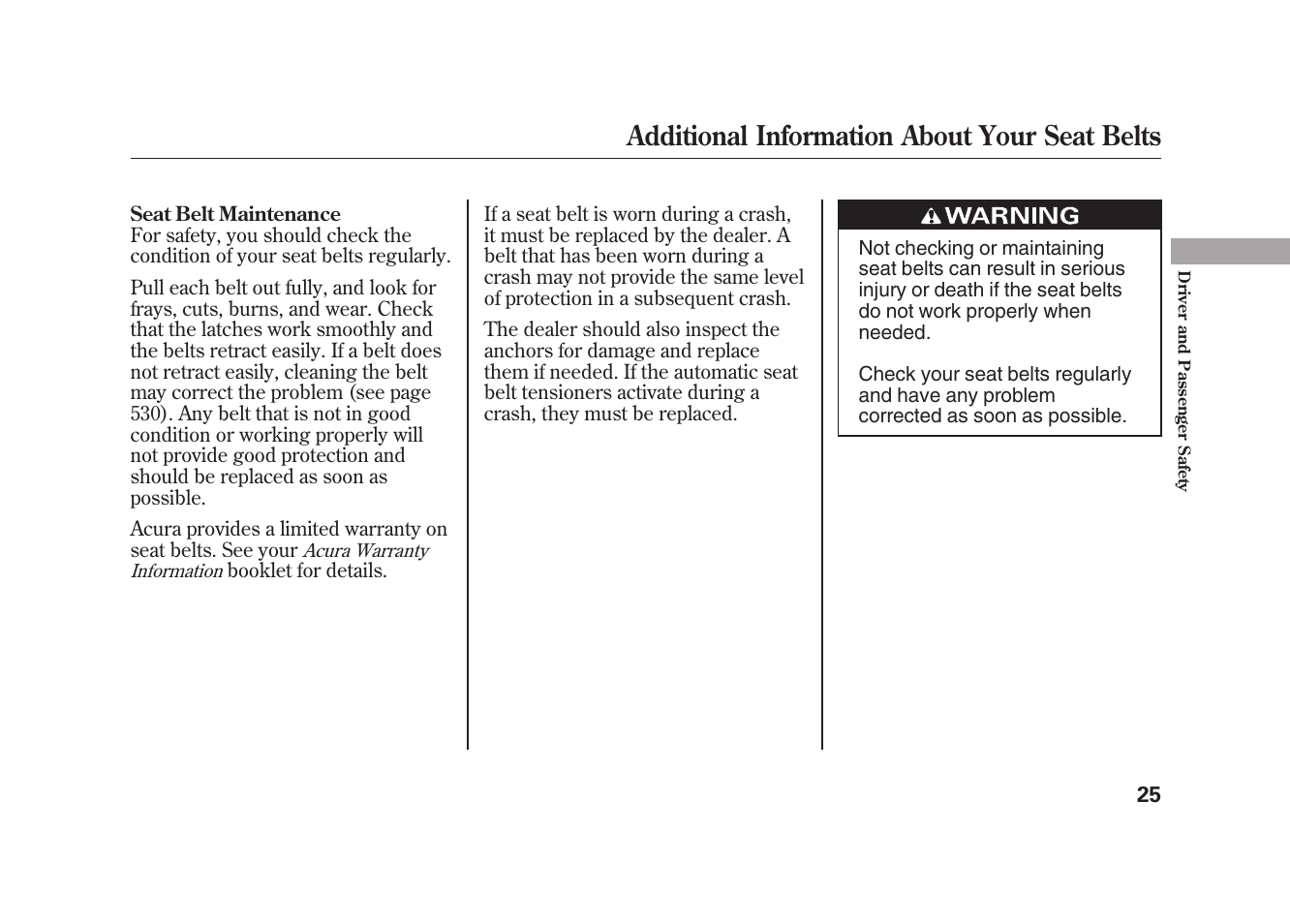 Additional information about your seat belts | Acura 2010 MDX User Manual | Page 32 / 616