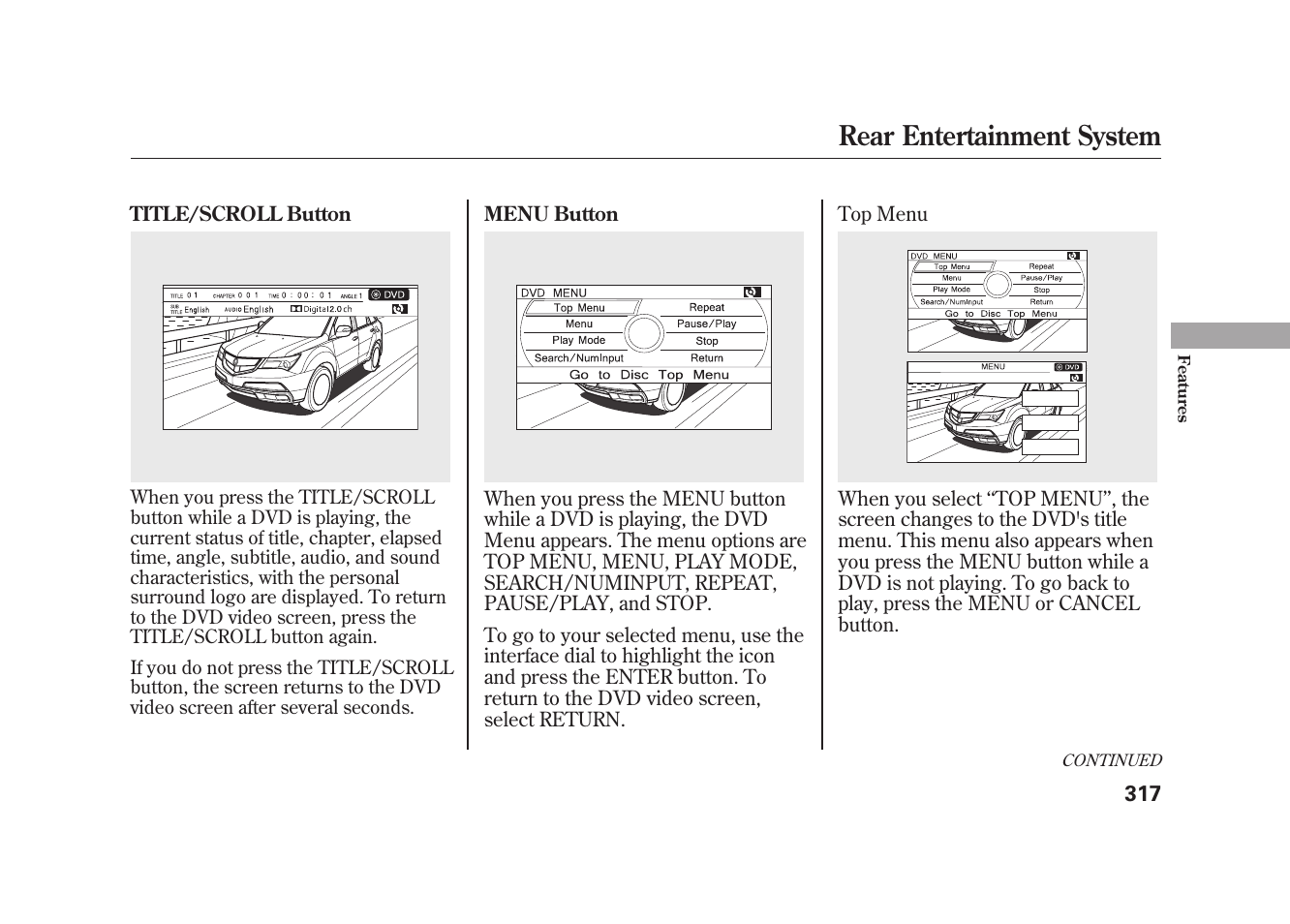 Rear entertainment system | Acura 2010 MDX User Manual | Page 324 / 616